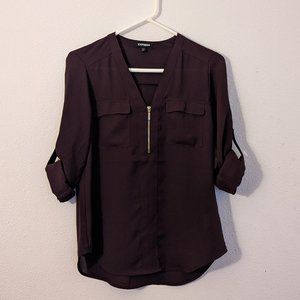 Express Burgundy Zipper Blouse, Maroon Long & Quarter Sleeve, Petite Extra Small